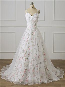 Picture of Pretty White Color Floral Beaded Straps Long Formal Dresses, A-line Floor Length Floral Prom Dresses